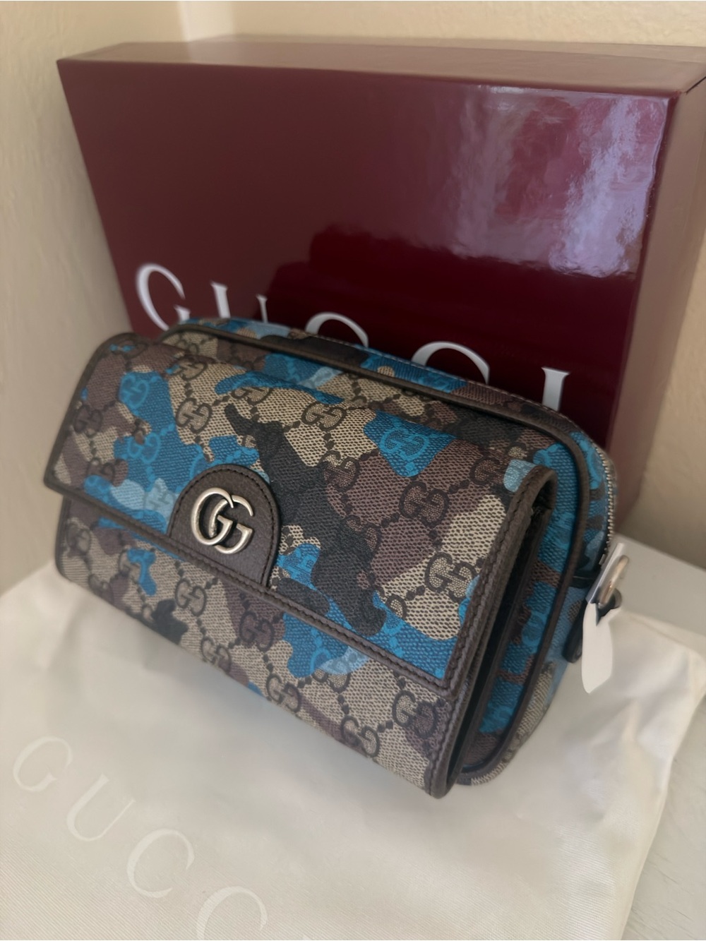 New Gucci GG Icon Marble Pop Blue Camo Shoulder / Crossbody Messenger Bag